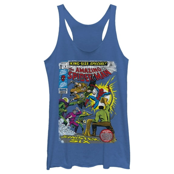 Women's Marvel Spider-Man Sinister Six Comic Racerback Tank Top Royal Blue Heather X Large