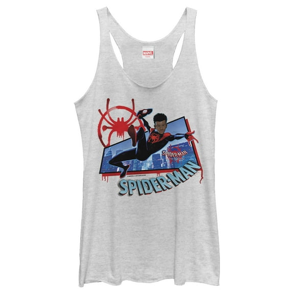 Women's Marvel Spider-Man Spiderverse Miles Kick Above City  Racerback Tank Top White Heather Large