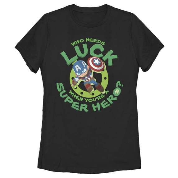 Women's Marvel St. Patrick's Day Captain America Who Needs Luck Graphic Tee Black 2X Large