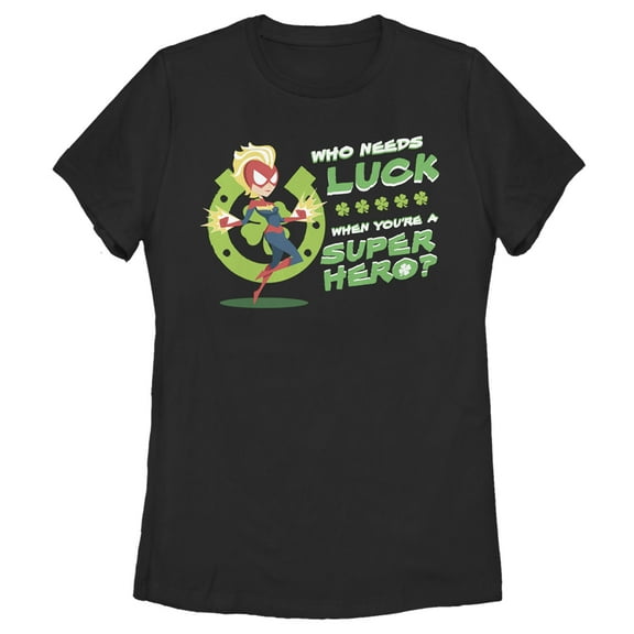 Women's Marvel St. Patrick's Day Captain Marvel Who Needs Luck  Graphic Tee Black Small
