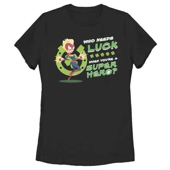 Women's Marvel St. Patrick's Day Captain Marvel Who Needs Luck Graphic Tee Black Small