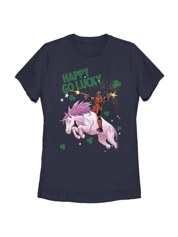 Women's Marvel St. Patrick's Day Deadpool Happy Go Lucky Graphic Tee Navy Blue Small