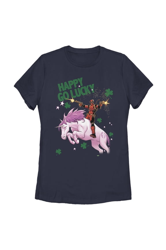 Women's Marvel St. Patrick's Day Deadpool Happy Go Lucky Graphic Tee Navy Blue Small