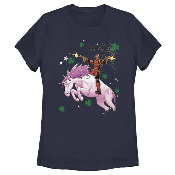 Women's Marvel St. Patrick's Day Deadpool Unicorn Graphic Tee Navy Blue Medium
