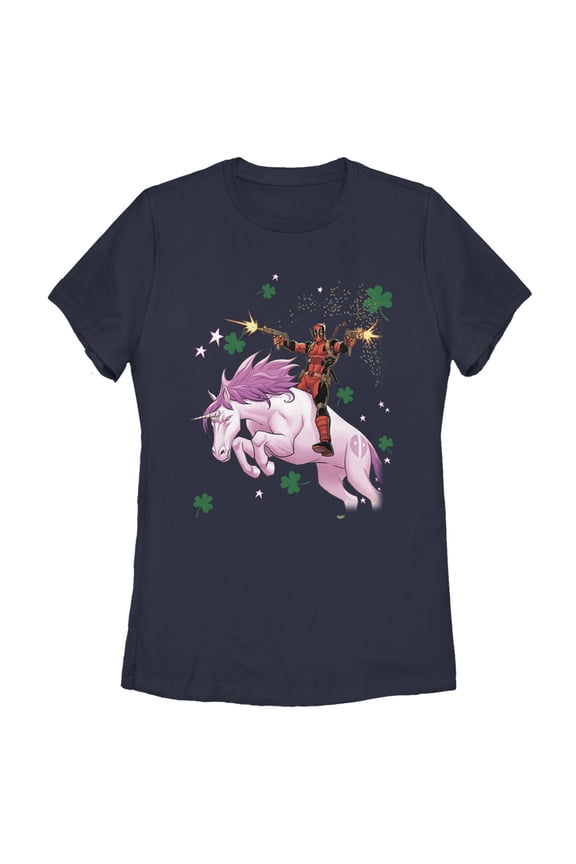 Women's Marvel St. Patrick's Day Deadpool Unicorn Graphic Tee Navy Blue Medium