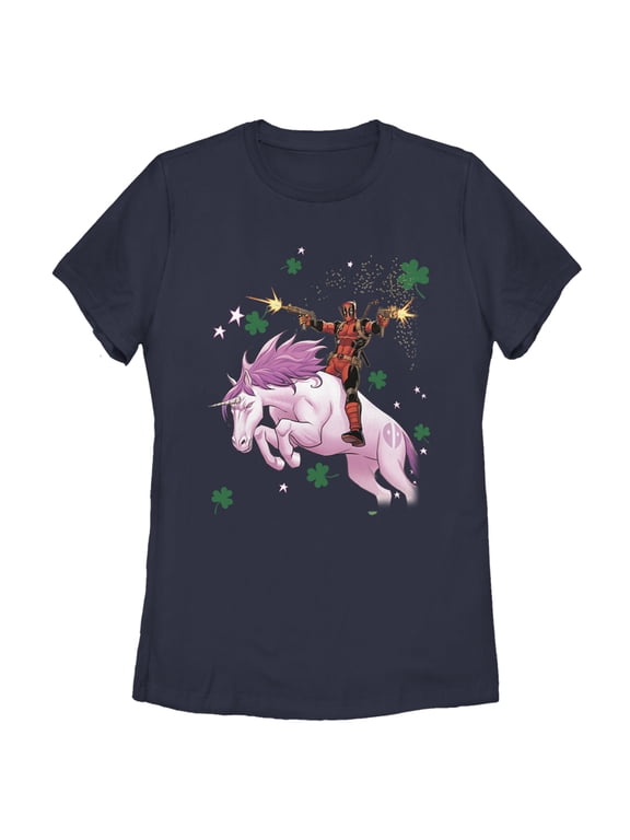 Women's Marvel St. Patrick's Day Deadpool Unicorn Graphic Tee Navy Blue Small