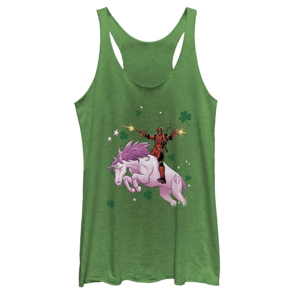 Women's Marvel St. Patrick's Day Deadpool Unicorn  Racerback Tank Top Envy Green 2X Large