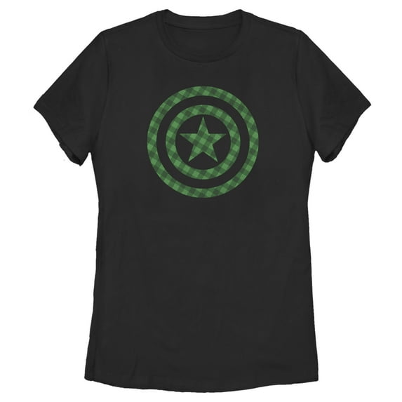 Women's Marvel St. Patrick's Day Green Plaid Captain America Shield Graphic Tee Black Medium