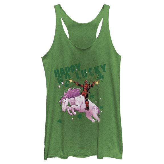 Women's Marvel St. Patrick's Day Happy Go Lucky Deadpool Racerback Tank Top Envy Green X Small