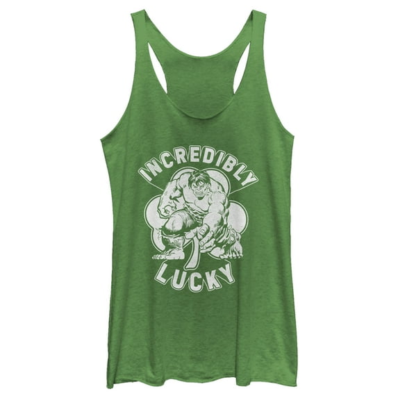 Women's Marvel St. Patrick's Day Hulk Incredibly Lucky Clover Racerback Tank Top Envy Green Medium