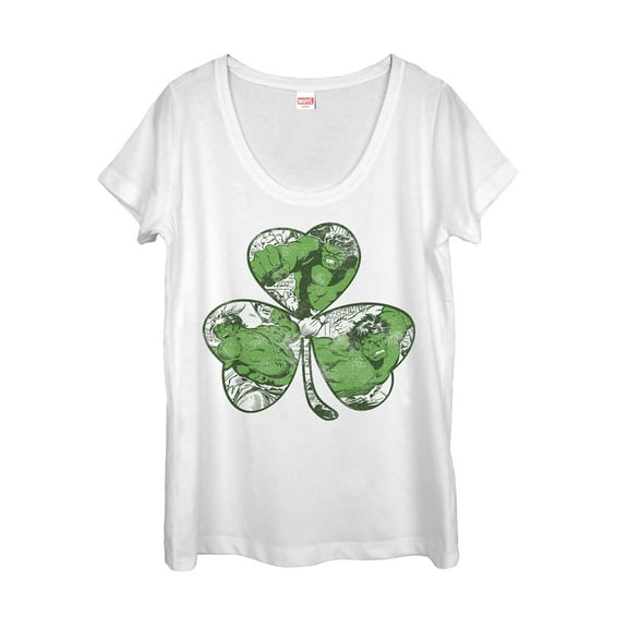 Women's Marvel St. Patrick's Day Hulk Vintage Clover  Scoop Neck White Large