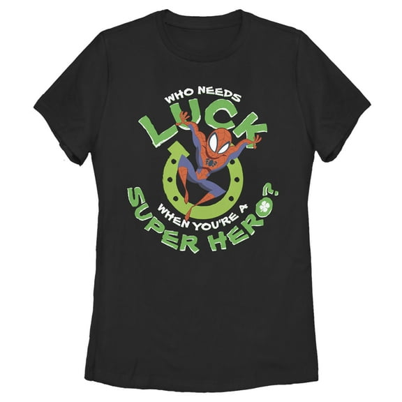 Women's Marvel St. Patrick's Day Spider-Man Who Needs Luck Graphic Tee Black Large