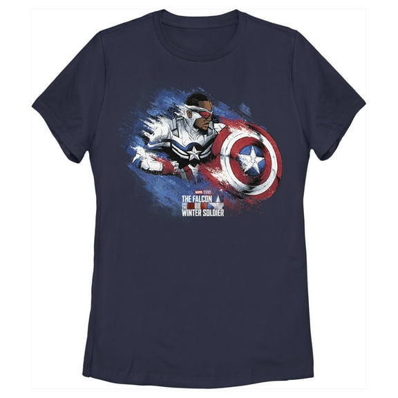 Women's Marvel The Falcon and the Winter Soldier Captain America Paint  Graphic Tee Navy Blue Small