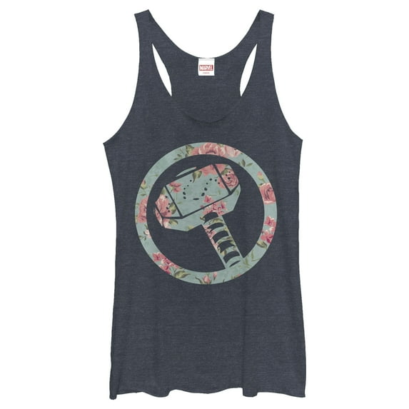 Women's Marvel Thor Hammer Floral Print Racerback Tank Top Navy Blue Heather Medium