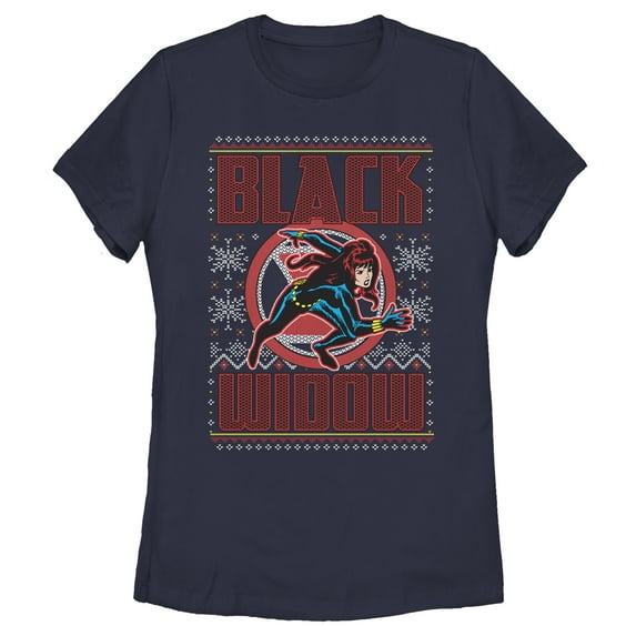 Women's Marvel Ugly Christmas Black Widow Snow Graphic Tee Navy Blue Small
