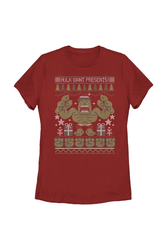Women's Marvel Ugly Christmas Hulk Want Presents  Graphic Tee Red Medium