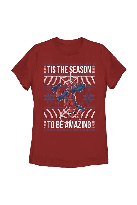 Women's Marvel Ugly Christmas Spider-Man Season Graphic Tee Red Large