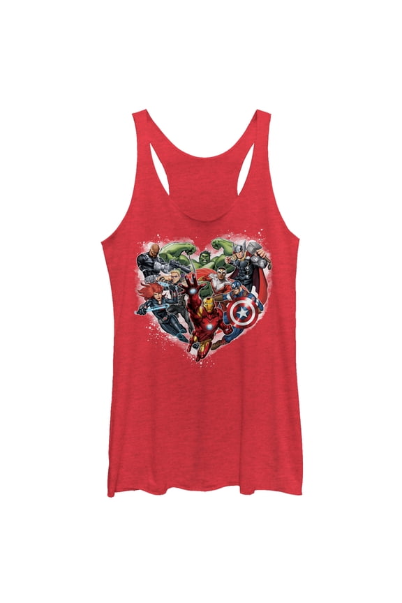 Women's Marvel Valentine's Day Avenger Heart Collage Racerback Tank Top Red Heather 2X Large