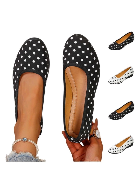 Women's Mary Jane Ballet Flat Round Toe Polka Dot Slip On Flats Walking Shoes Lightweight Comfort Shoes for Work Driving School Travel & Daily Outings