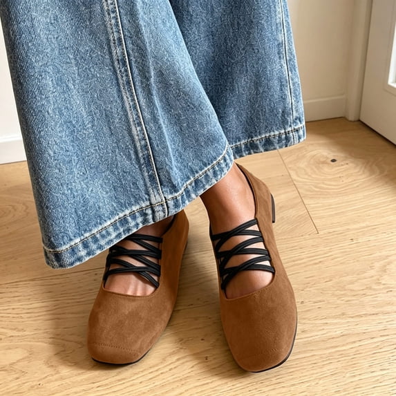 Women's Mary Jane Ballet Suede Flats Cross Elastic Band Round Toe ...