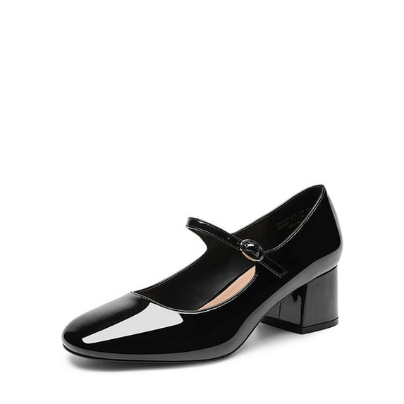 Women's Mary Jane Block Heel Pumps with Square Toe and Buckle Strap