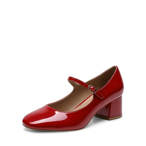 Women's Mary Jane Block Heel Pumps with Square Toe and Buckle Strap
