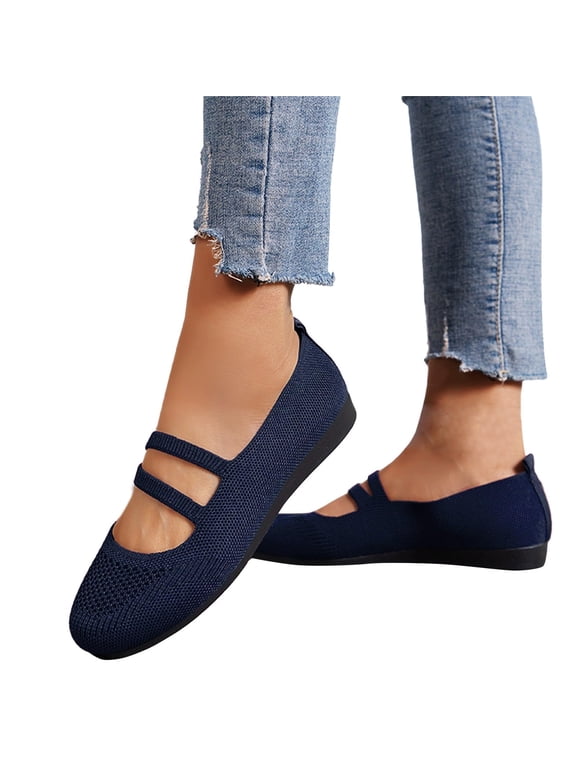 Women's Mary Jane Flats Breathable Knit Elastic Strap Comfort Soft Sole Casual Walking Shoes,Navy,36