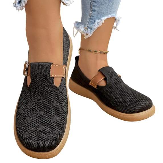 Women's Mary Jane Flats Comfortable Knit Walking Shoes Wide Toe with Adjustable Strap Breathable Casual Flats for Work Travel