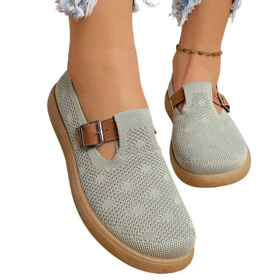 Women's Mary Jane Flats Comfortable Knit Walking Shoes Wide Toe with Adjustable Strap Breathable Casual Flats for Work Travel