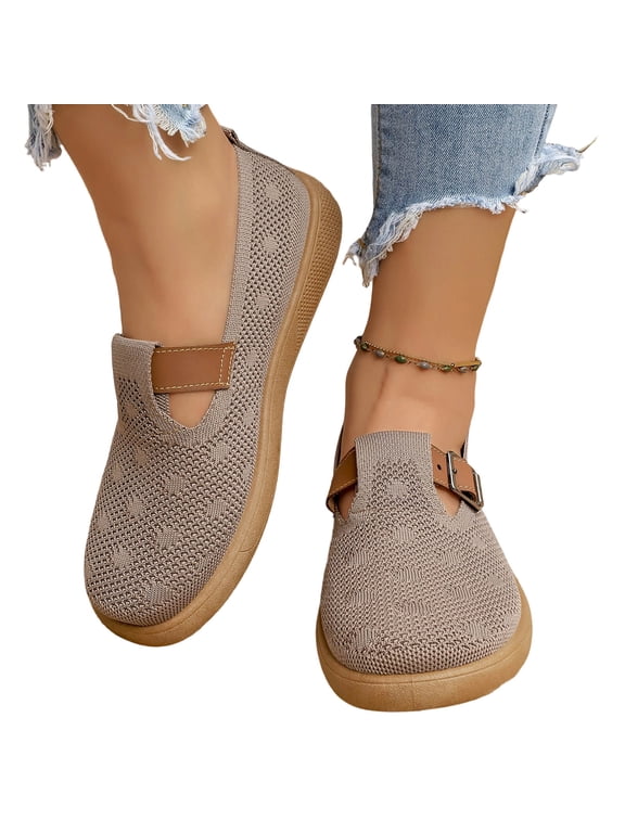 Women's Mary Jane Flats Comfortable Knit Walking Shoes Wide Toe with Adjustable Strap Breathable Casual Flats for Work Travel