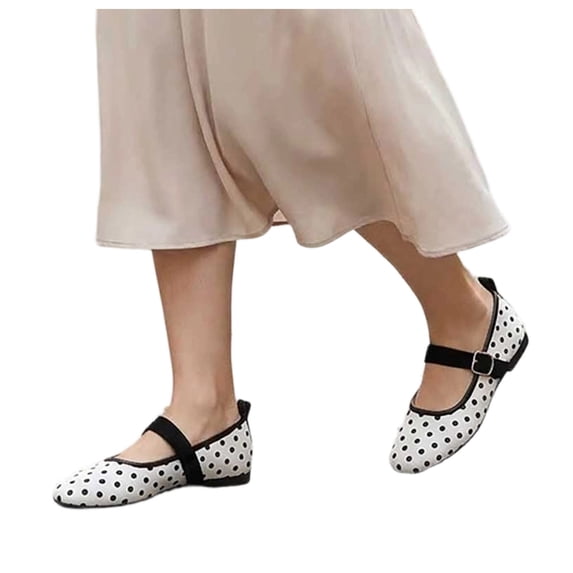 Women's Mary Jane Flats Polka Dot Round Toe Slip On Casual Lightweight Walking Shoes with Adjustable Buckle Strap for Daily Wear White 8.5