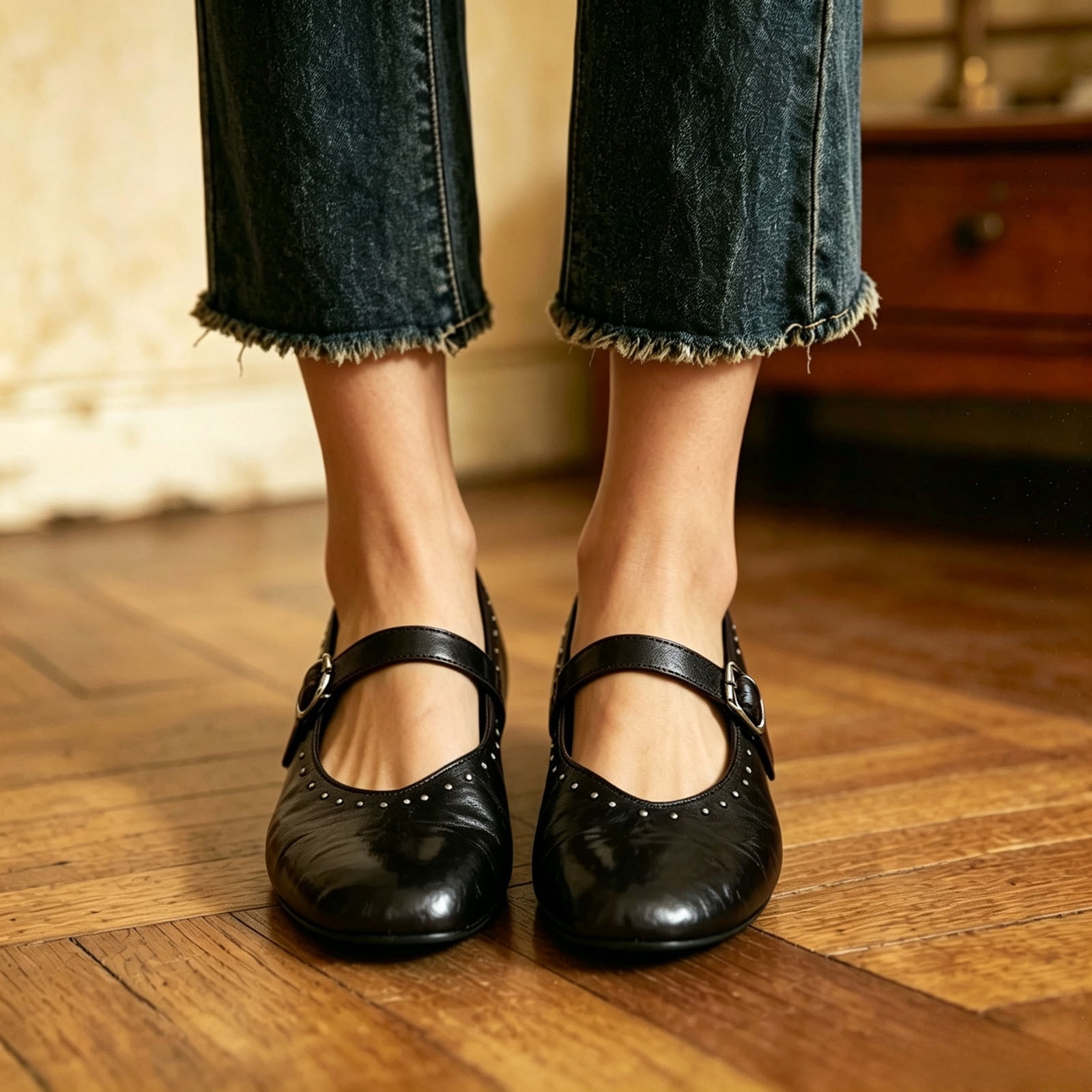 Women's Mary Jane Flats Round Toe Adjustable Buckle Rivet Decor Retro ...
