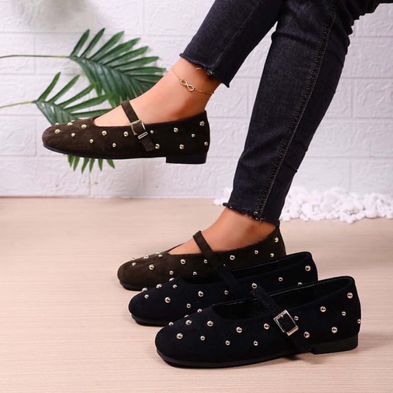 Women's Mary Jane Flats, Suede Studded Slip-On Shoes with Adjustable Buckle, Comfortable Soft Sole Casual Dress Flats, Wide Width Walking Shoes for Daily Work Outdoor, Black/Brown