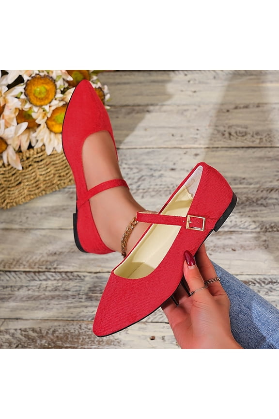 Women's Mary Jane Flats Summer Solid Color Pointed Toe Breathable Slip-Ons Elegant Dress Shoes with Buckle Strap for Work Office Red 9.5