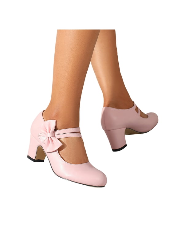 Women's Mary Jane Heels Round Toe Block Heeled Pumps Solid Color Dress Shoes with Sweet Bow for Party Event Wedding Pink Size 6.5