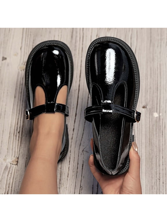 Women's Mary Jane Loafers, Patent Leather T-Strap Platform Shoes with Buckle, Non-Slip Casual Dress Flats, Comfortable Round Toe Walking Shoes for Daily Work School