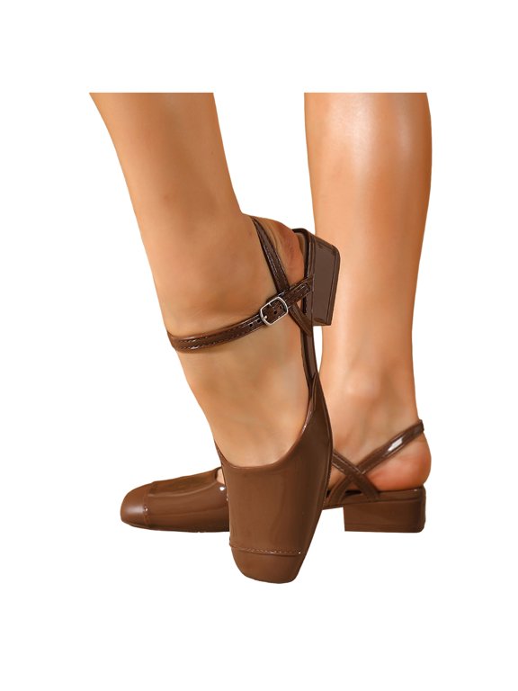 Women's Mary Jane Low Chunky Heels Slingback Sandals Square Cap Toe Dress Shoes Wedding Party Work Office Pumps Shoes Brown Size 6.5