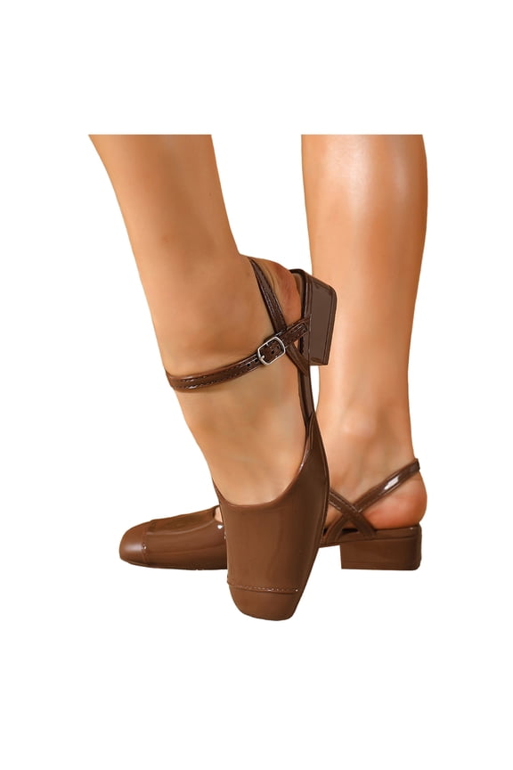 Women's Mary Jane Low Chunky Heels Slingback Sandals Square Cap Toe Dress Shoes Wedding Party Work Office Pumps Shoes Brown Size 7