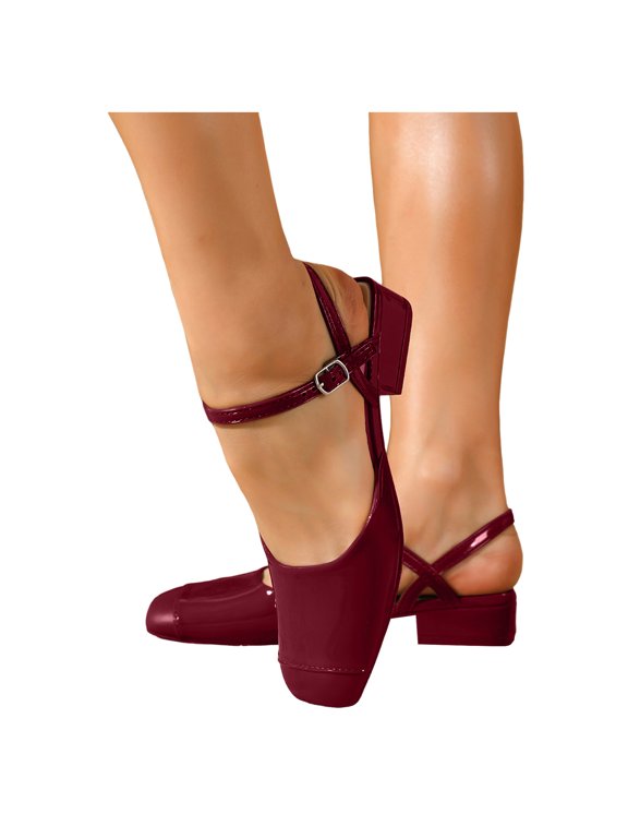 Women's Mary Jane Low Chunky Heels Slingback Sandals Square Cap Toe Dress Shoes Wedding Party Work Office Pumps Shoes Wine Size 7