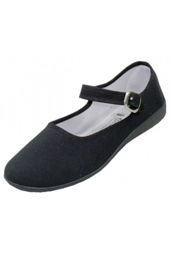 ; Women's Cotton Upper Adjustable Strap Flat Ballet Casual Dress Shoes, Black, Size 7