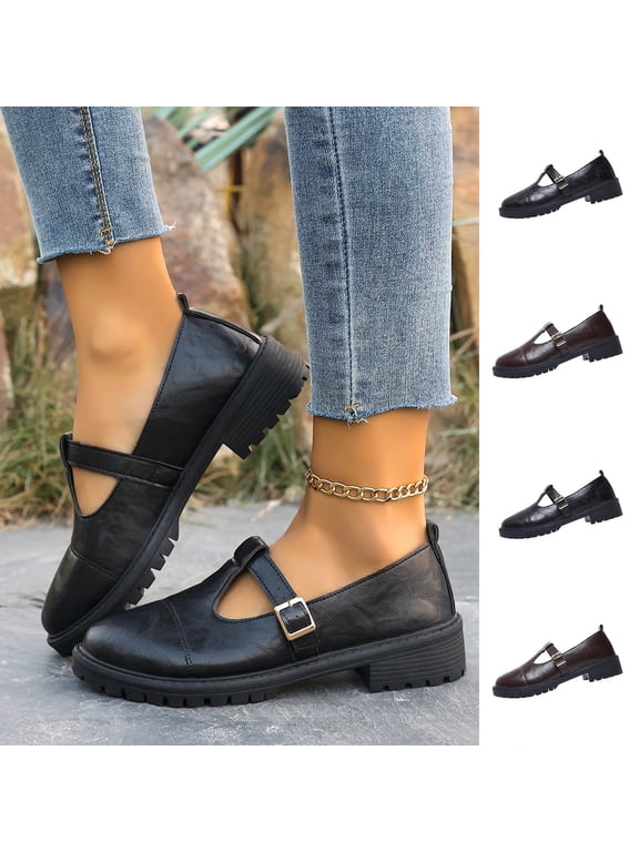 Women's Mary Jane Shoes, Retro Buckle Platform Loafers, Wide Width Non-Slip Casual Flats, Comfortable Chunky Sole Walking Shoes for Spring Summer Daily Wear