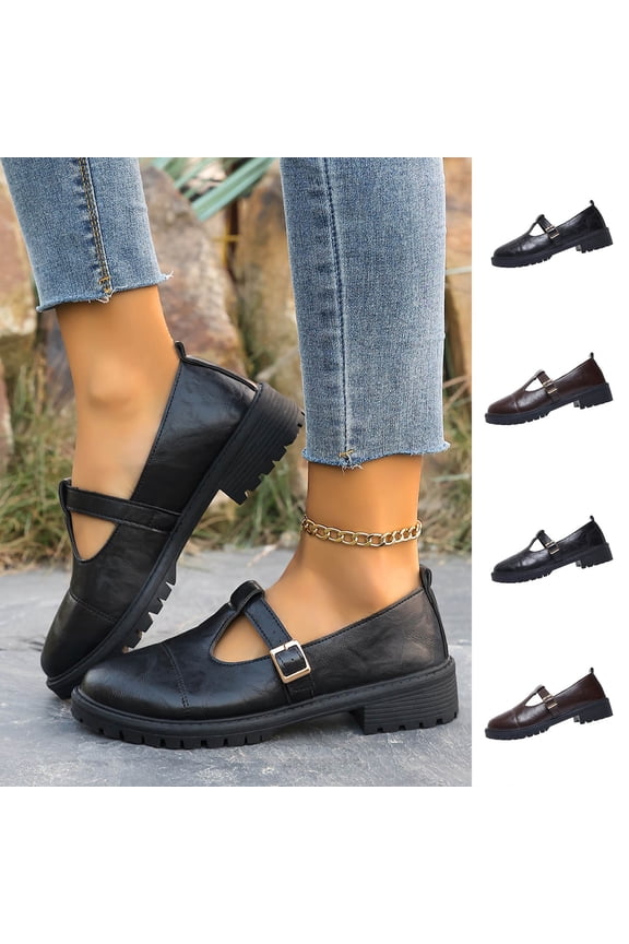 Women's Mary Jane Shoes, Retro Buckle Platform Loafers, Wide Width Non-Slip Casual Flats, Comfortable Chunky Sole Walking Shoes for Spring Summer Daily Wear