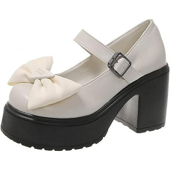 Women's Mary Jane Shoes Thick Sole Shoes Bow Pearl Decoration Gothic Sweet Style Platform Shoes Patent Leather Rivet decoration
