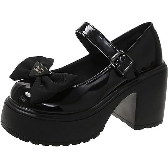 Women's Mary Jane Shoes Thick Sole Shoes Bow Pearl Decoration Gothic Sweet Style Platform Shoes Patent Leather Rivet decoration