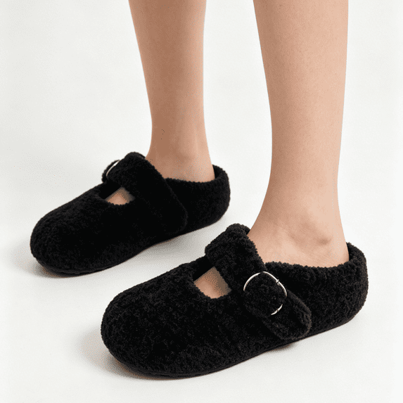 Women's Mary Jane Slippers Fuzzy Lined Closed Toe Flats Soft Faux Suede Low Heel Adjustable Strap Buckle Lightweight Comfortable Warm Indoor Outdoor Daily Wear Fall Winter,Black 40(US-8)