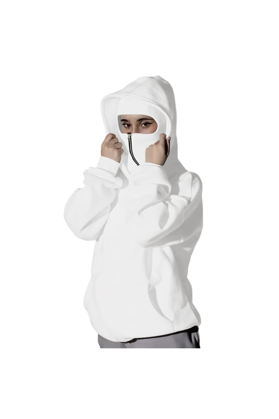 Women's Mask Hoodie Solid Cuffed Long Sleeve Quarter Zip Stand Collar Face Cover Pullover Top with Pockets White S