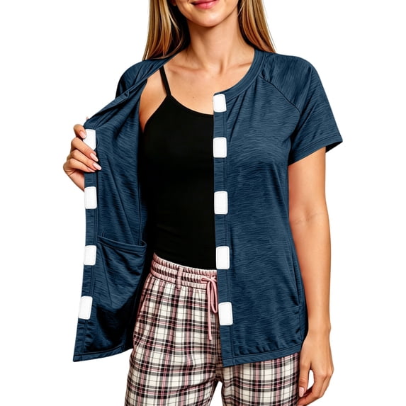 Women’s Mastectomy Shirt with Drain Pockets Short Sleeve Post Surgery Shirt Hook and Loop Port Access Top Dark Blue XL