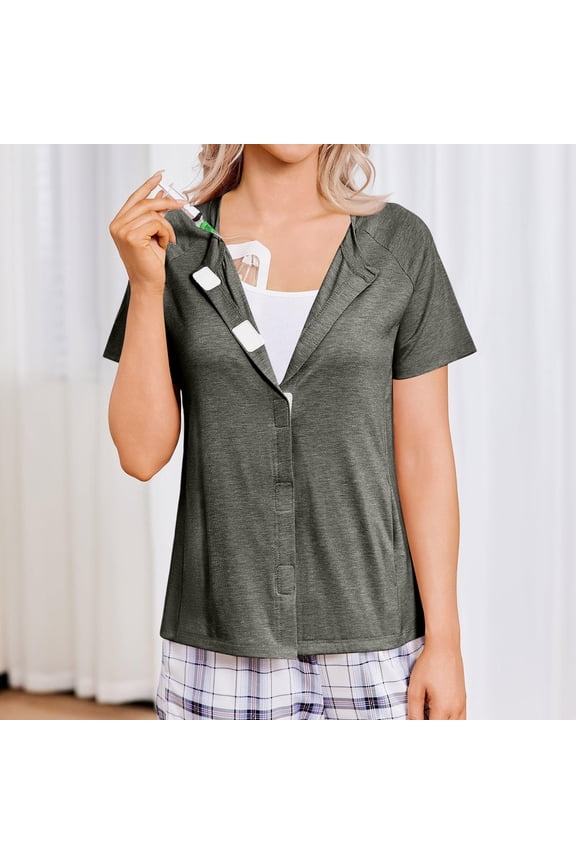 Women's Mastectomy Shirts with Drain Pockets Short Sleeve Post Surgery Tear Away Snap Chemo Port Adaptive Tops 2026 Dark Gray 2XL