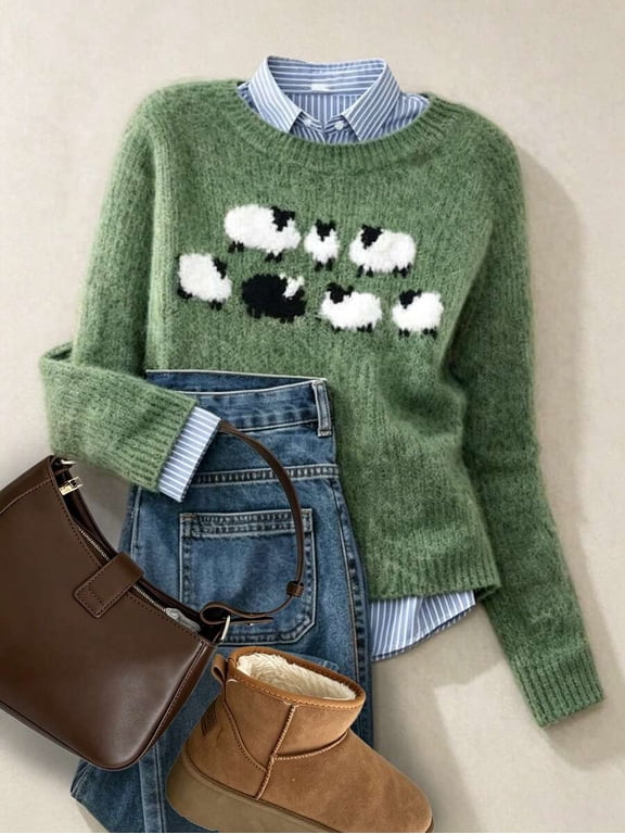 Women's Matcha Green Sweater, Crew Neck Lamb Jacquard Knit Pullover