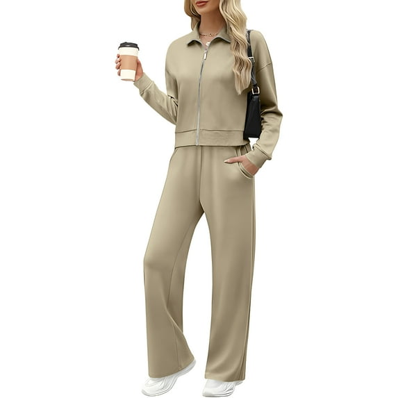 Women's Matching Lounge Set: Zip-Up Sweatshirt & Wide-Leg Sweatpants 2-Piece Tracksuit - Cozy Fall Loungewear Outfit